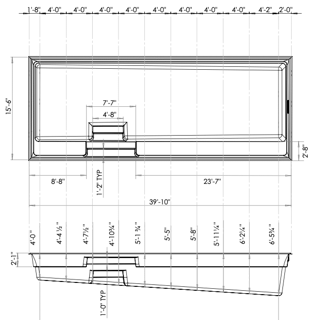 A technical drawing of a rectangular pool with detailed dimensions labeled. Features include various side measurements, with lengths indicated in feet and inches on grid lines. The drawing illustrates the scale and proportions of the design.